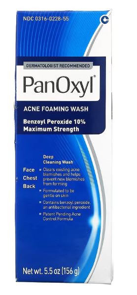 Savon moussant PanOxyl pour le traitement de l'acné, peroxyde de benzoyle 10% à concentration maximale, 156 g - une boîte de 2 unités